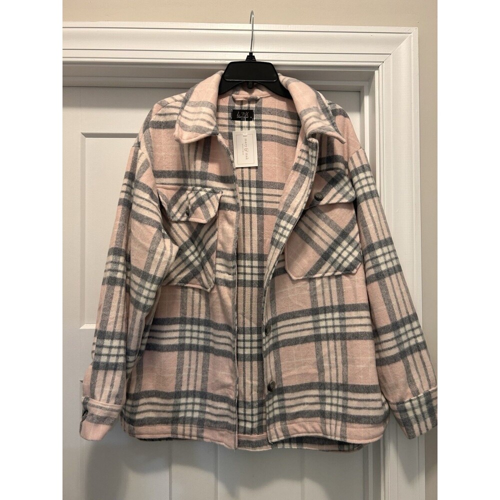 New Women's Size Large Pink Plaid Soft Button Up Oversized Jacket Hip Length